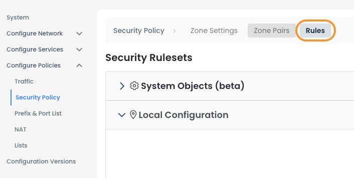 Interface showing security policy settings with highlighted rules section for configuration.